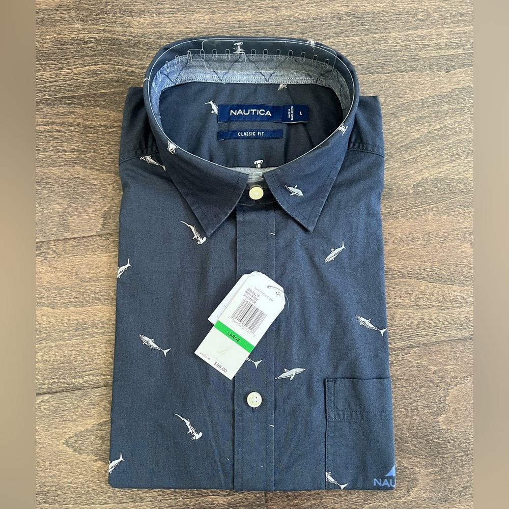 NWOT Nautical Men's long sleeve button up. Shark design